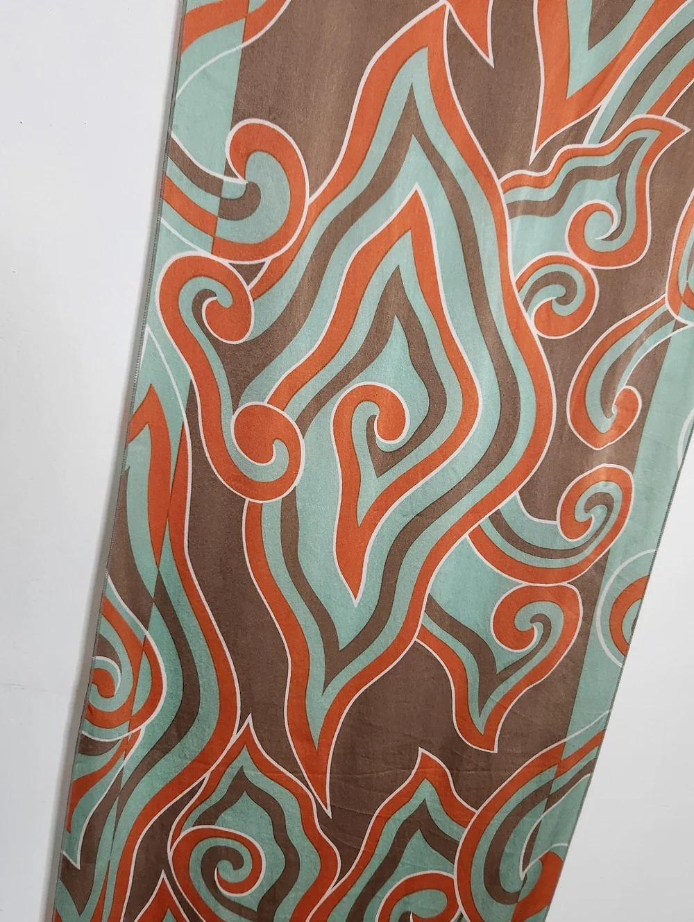 Vintage Mod Geometric Scarf Rectangle Mint Orange Brown White Satin 61x14 - Picture 2 of 5